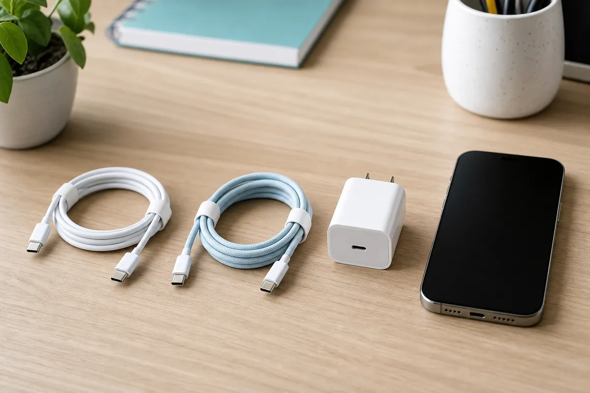 Câble USB-C, bloc chargeur et smartphone posés côte à côte sur un bureau pour un test de charge