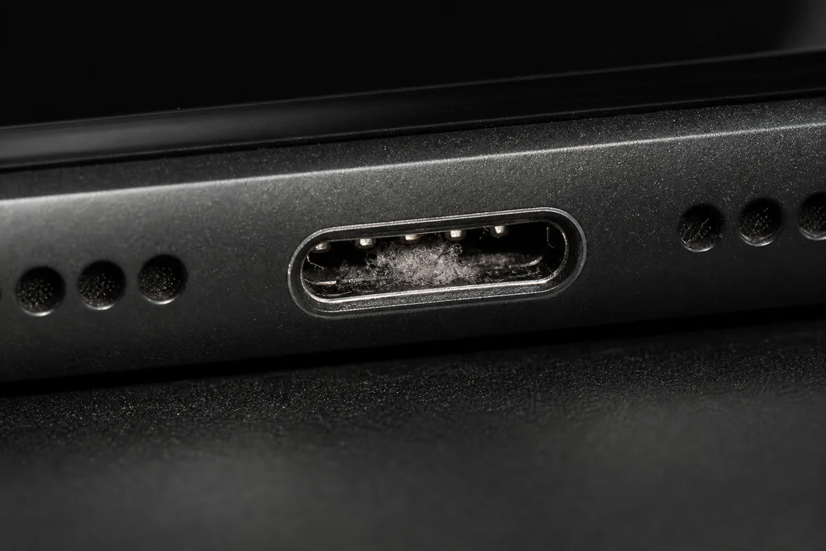 Gros plan sur un port de charge USB-C de smartphone éclairé par une lampe, révélant un amas de peluche au fond
