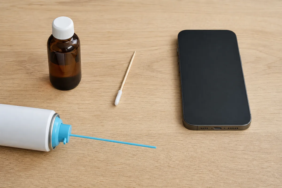 Cure-dent gainé de coton et bombe d’air sec posés près d’un smartphone éteint sur un plan de travail clair