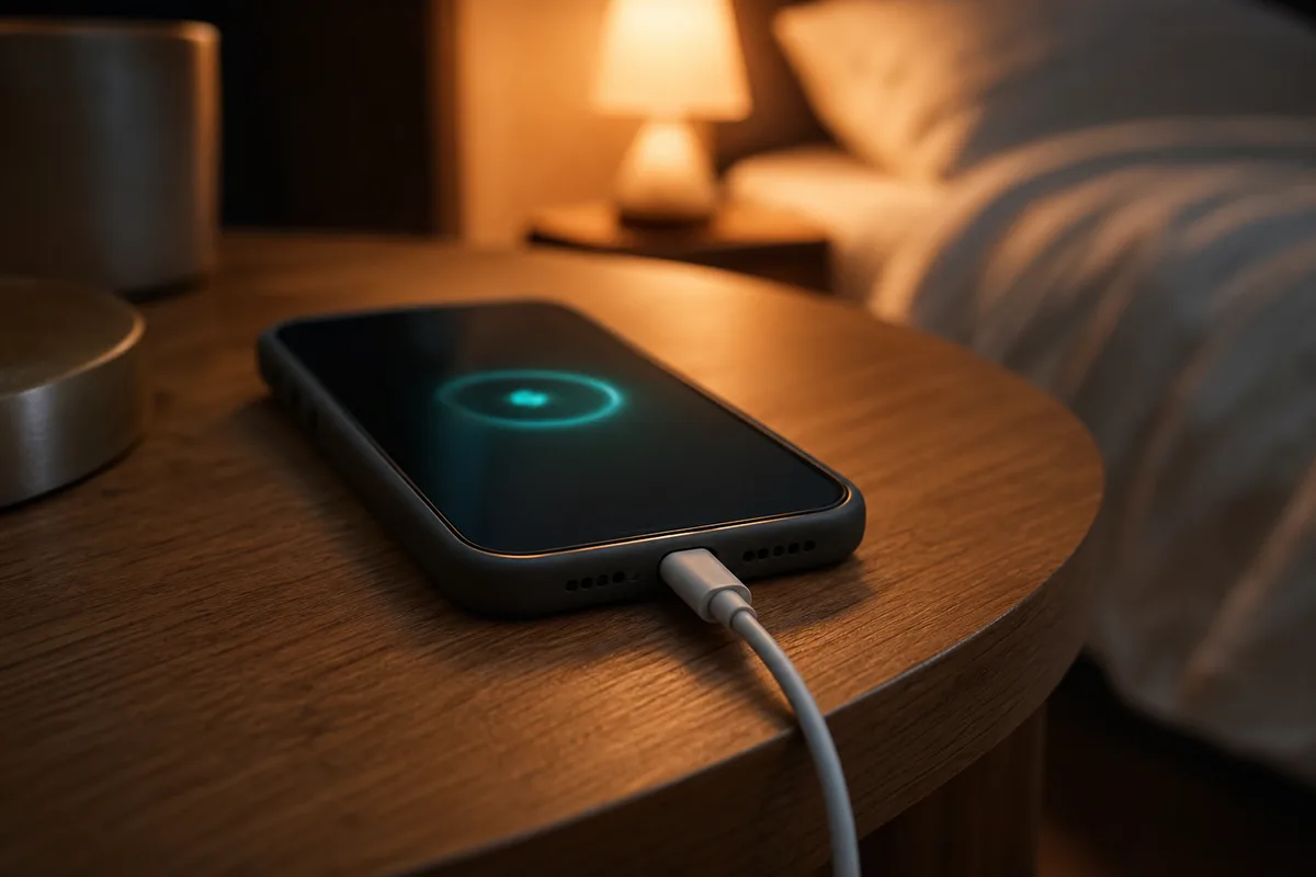 Smartphone dans une coque de protection en charge sur une table de chevet, câble inséré bien droit